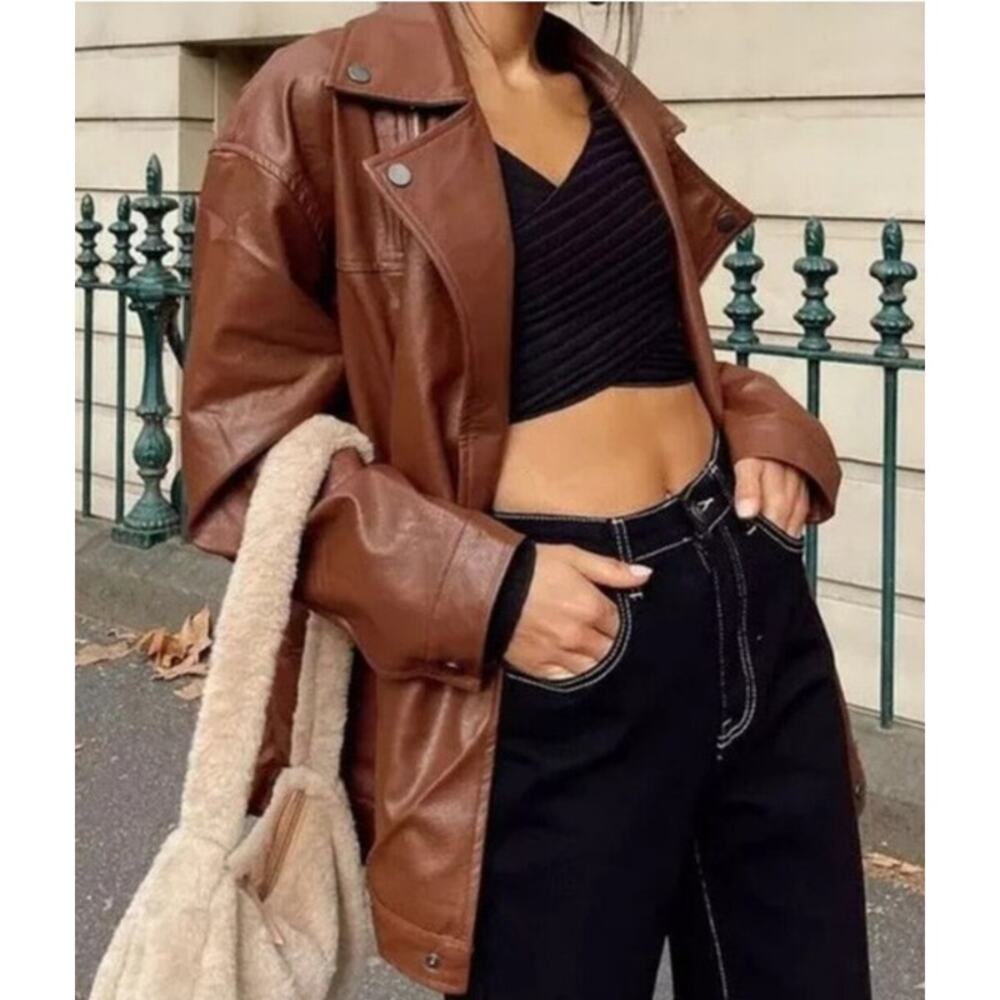 Princess Polly - Next In Line Faux Leather Oversized Biker Jacket in Brown - Picture 5 of 5